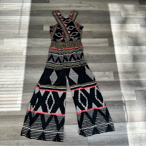 Anthropologie Elevenses Amapa Black Tribal Print Crossfront Wide Leg Jumpsuit 8 - Picture 2 of 16